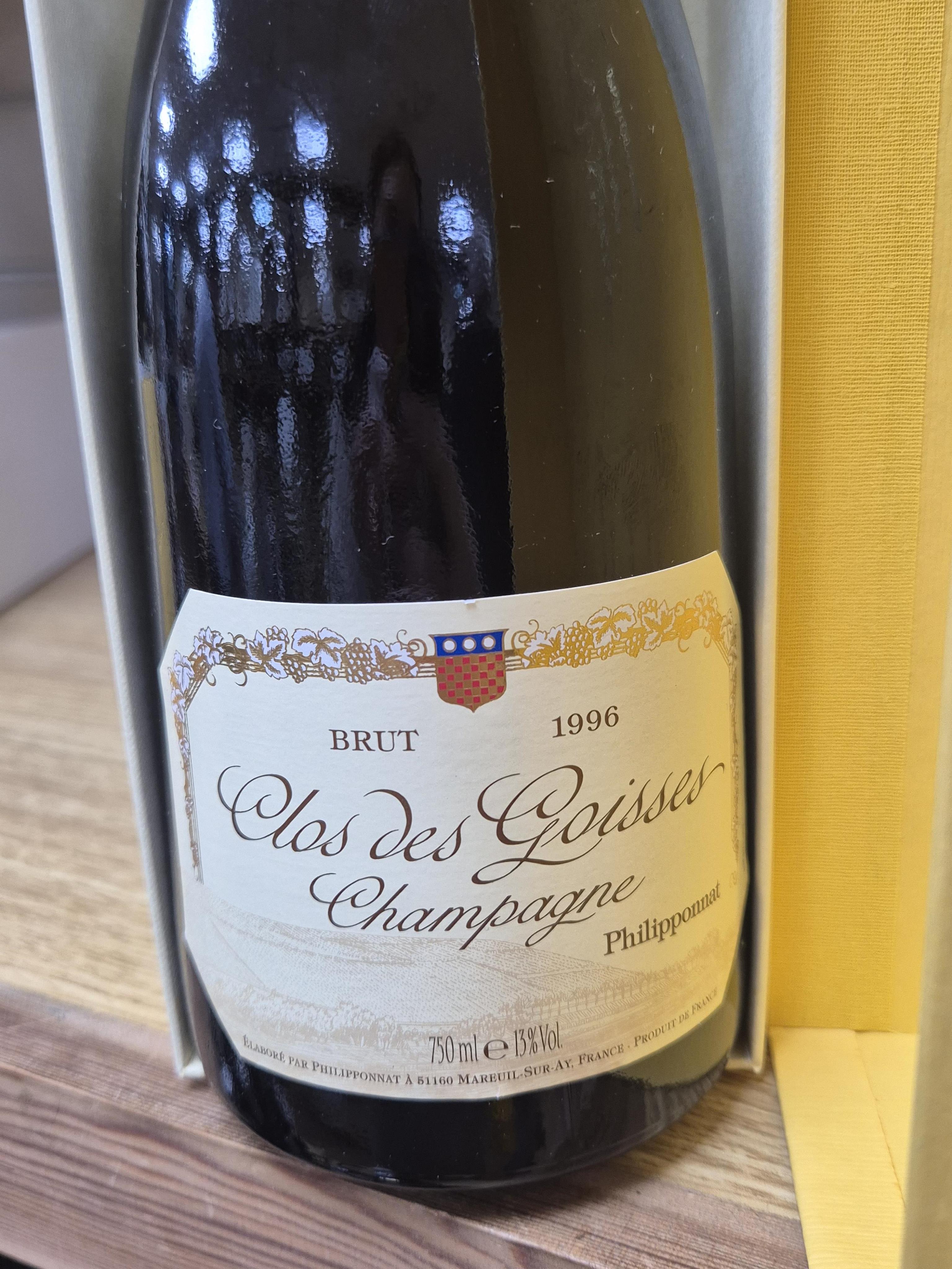 A bottle of Clos des Goisses Champagne, 1996, cased